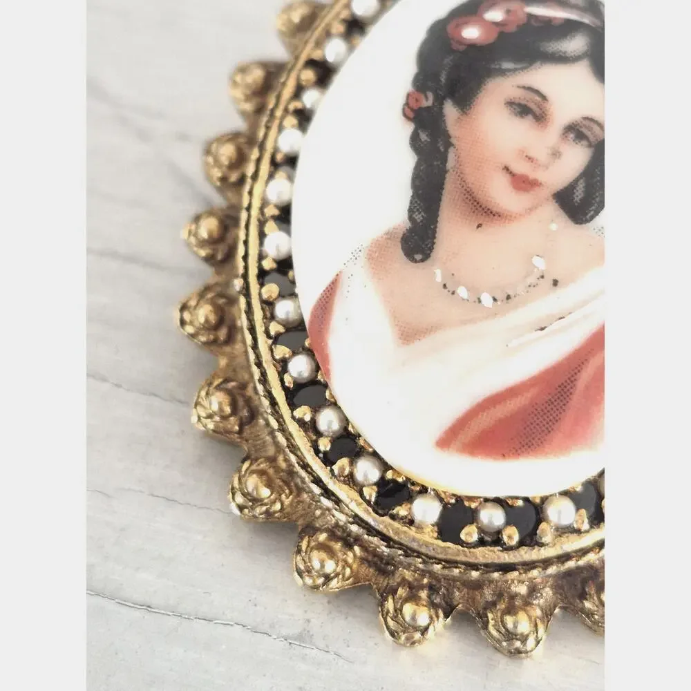 Vintage Limoges France Porcelain Victorian Lady Ornate Pendant Pin Necklace